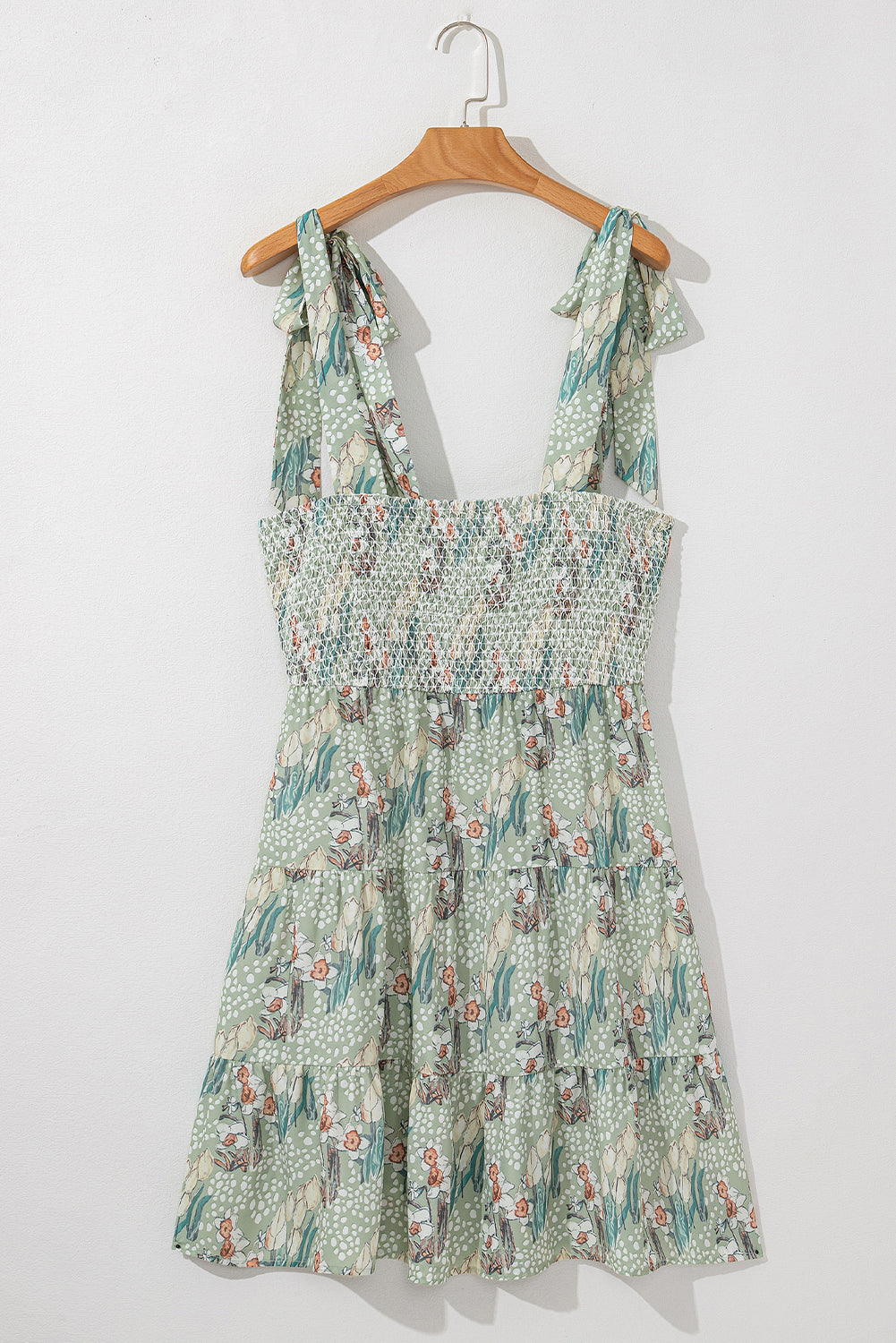 Floral Knotted Strap Smocked Tiered Ruffle Mini Dress