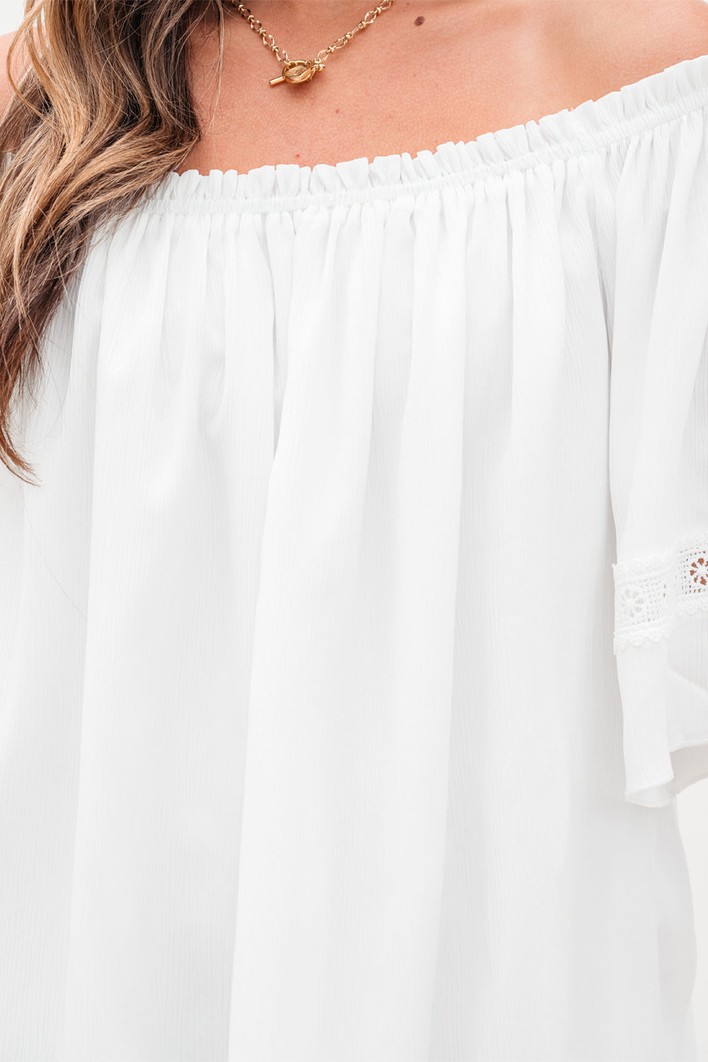 Frilly Off Shoulder Lace Insert Sleeve Textured Blouse