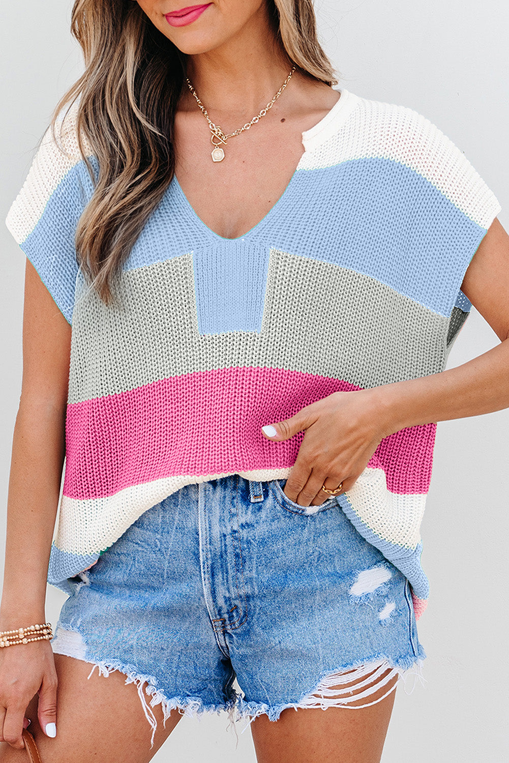 Color Block Notch V Neck Sweater T Shirt