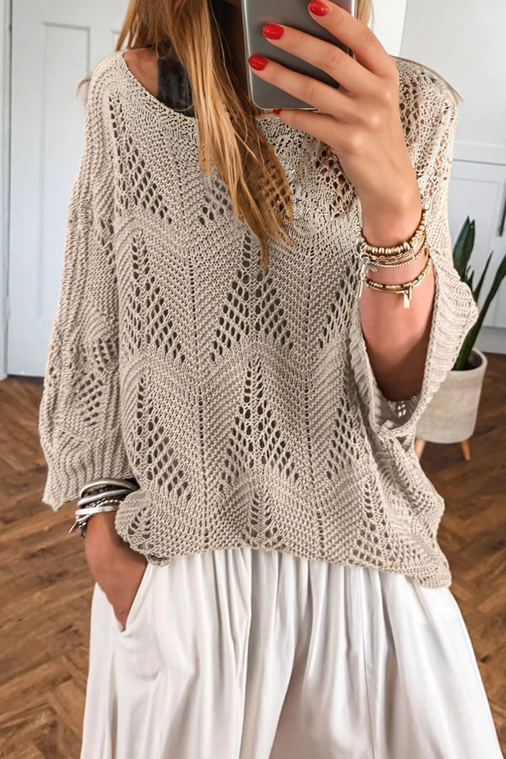Hollow Out Knit 7/8 Sleeve Casual Sweater