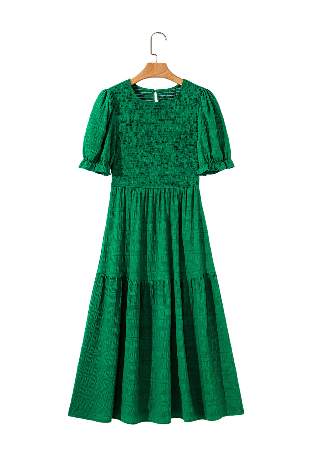 Solid Textured Smocked Puff Short Sleeve High Waist Long Dress