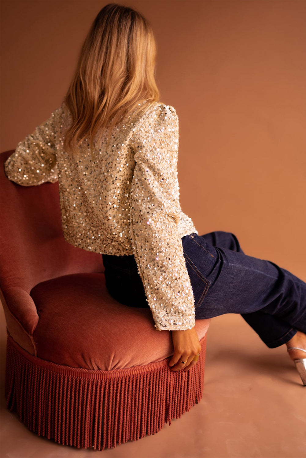 Fleece Sequined Open Front Cropped Jacket