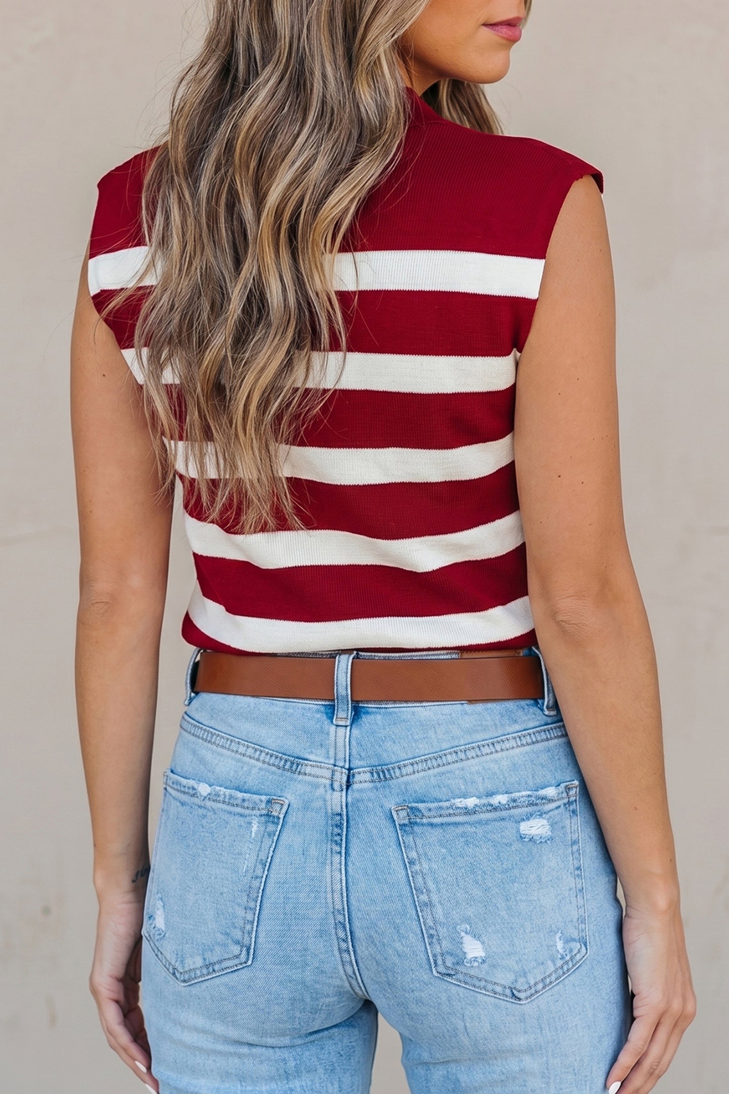 Stripe Collared Split Neck Sweater Vest