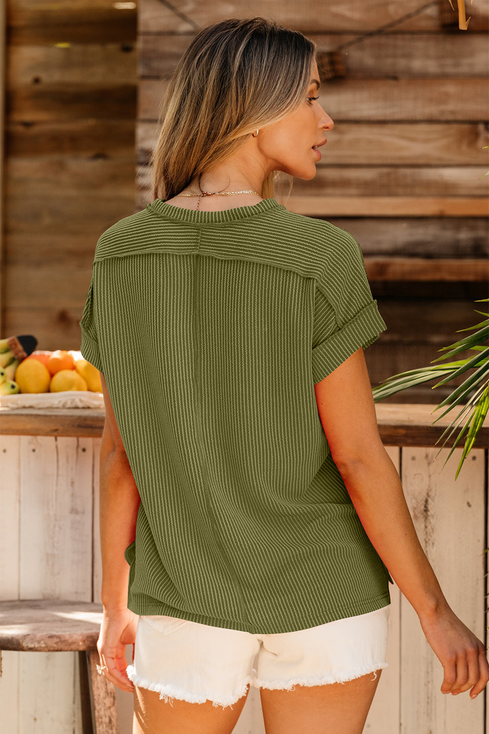 Textured Knit Exposed Stitching T-shirt