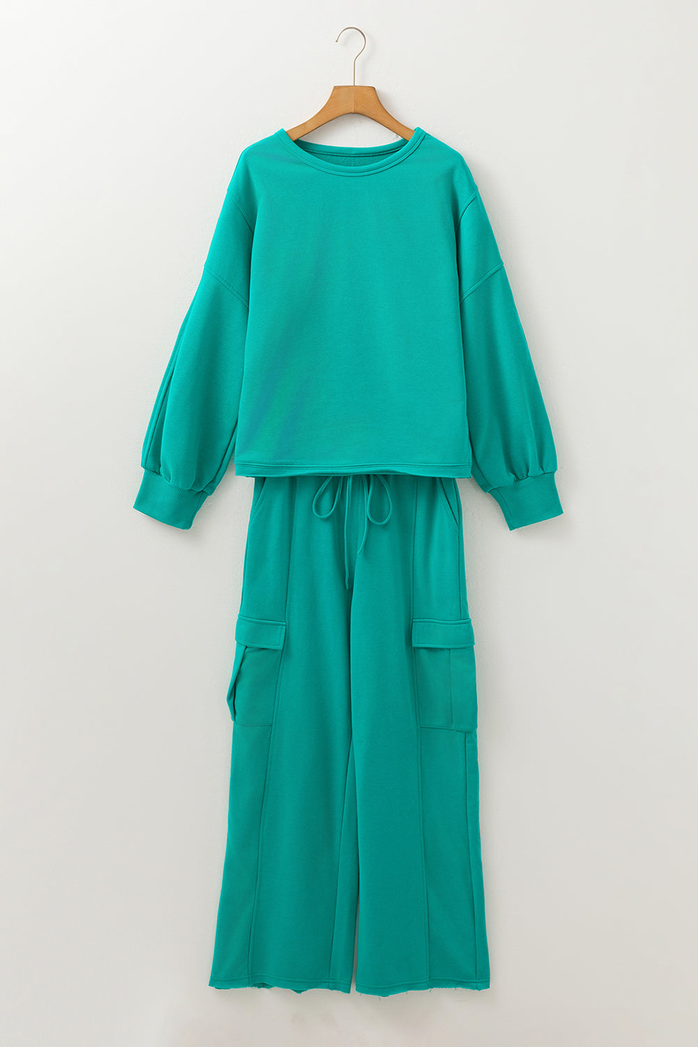 Solid Color Patchwork Pullover Top and Cargo Pants Set