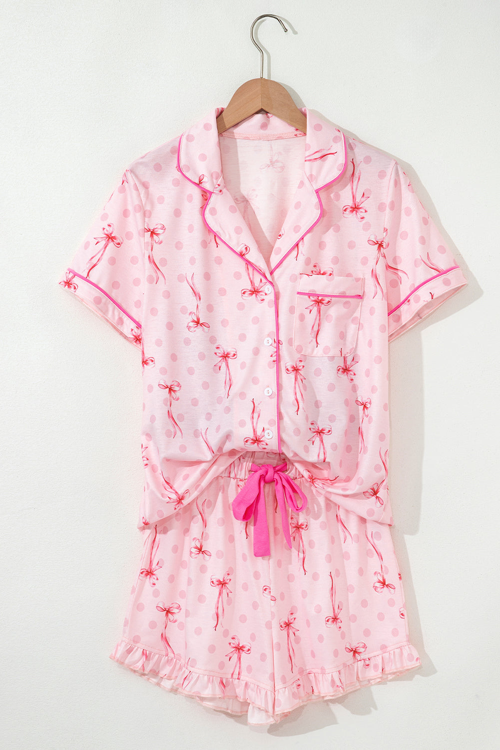Bow Print Contrast Piping Short Pajamas Set