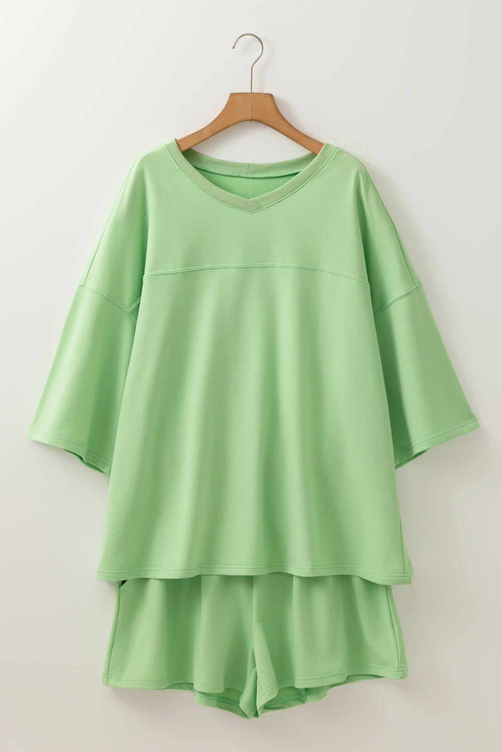 Green Plus Size V Neck Drop Shoulder Tee Loose Shorts 2pcs Outfit
