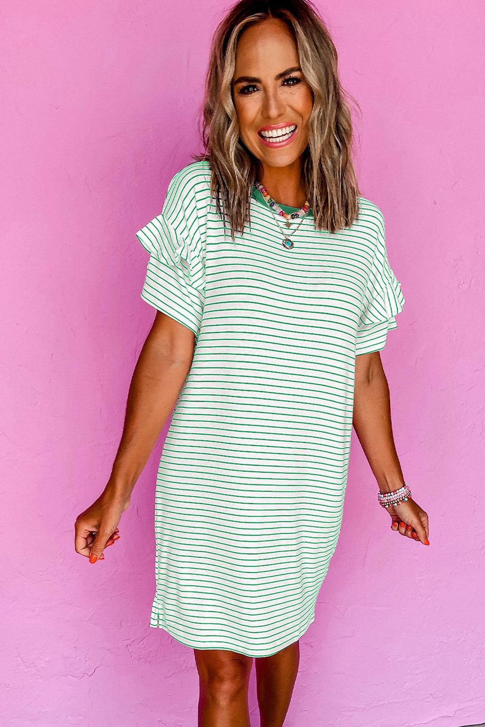 Ruffled Short Sleeve Crew Neck T Shirt Shift Mini Dress