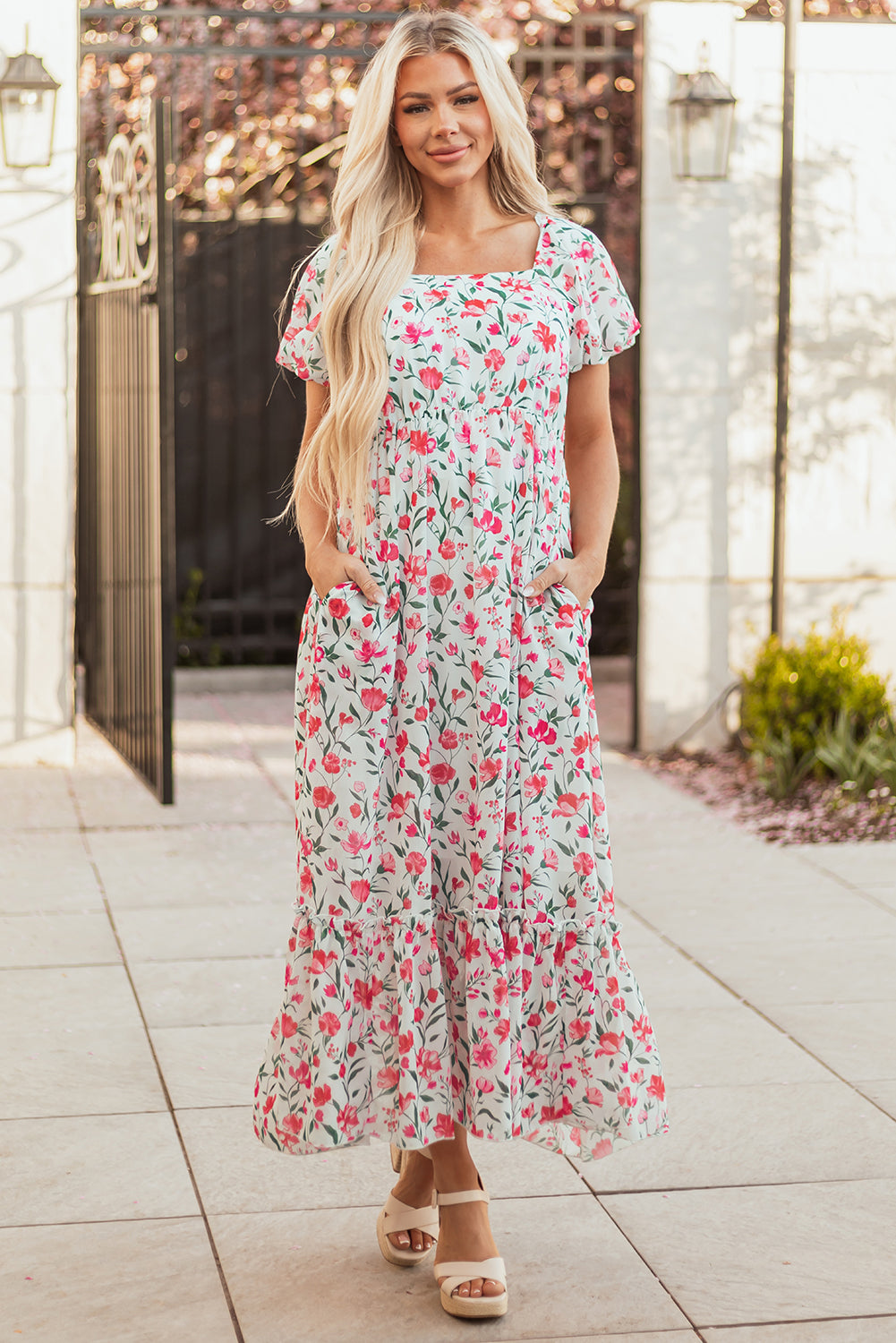 Floral Puff Sleeve Square Neck Empire Waist Tiered Maxi Dress