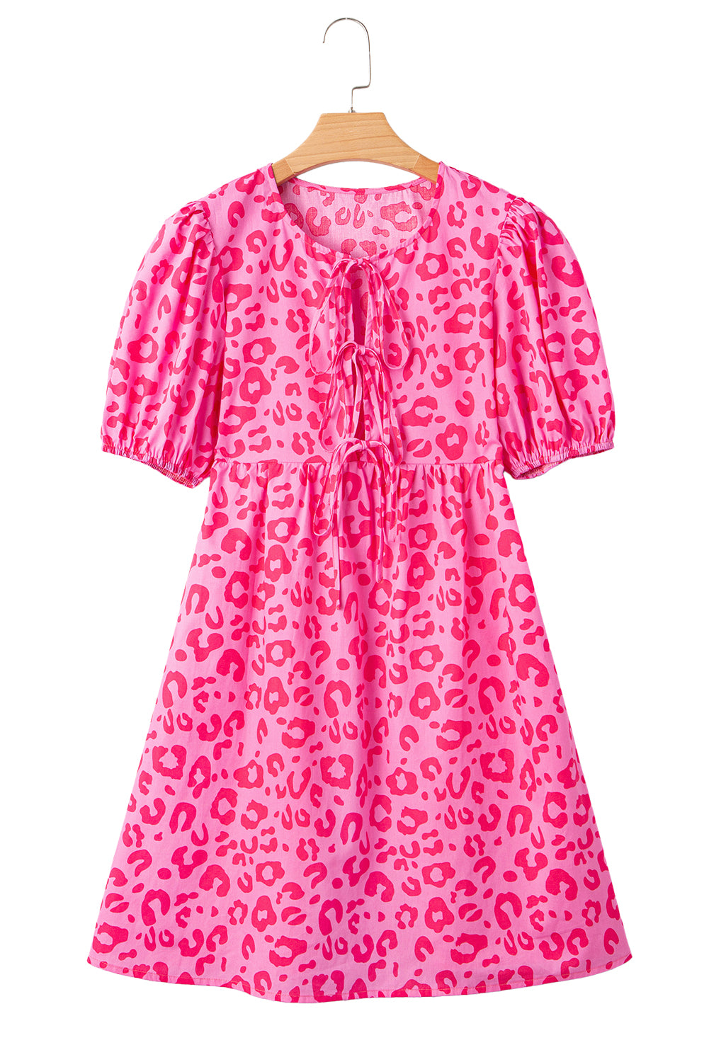 Leopard Puff Sleeve Tie Front High Waist Mini Dress