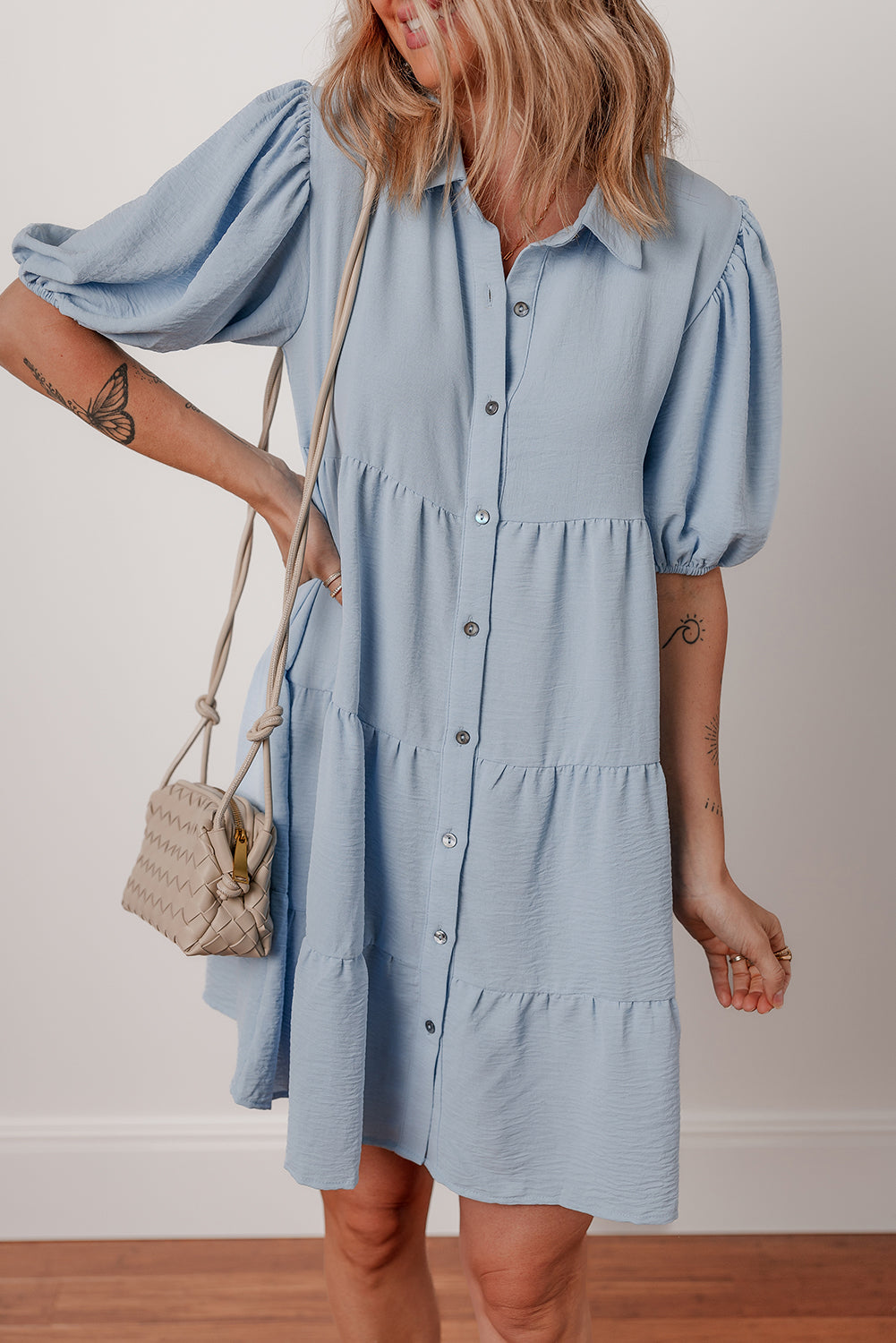Shirt Collar Button Up Short Puff Sleeve Tiered Shift Dress