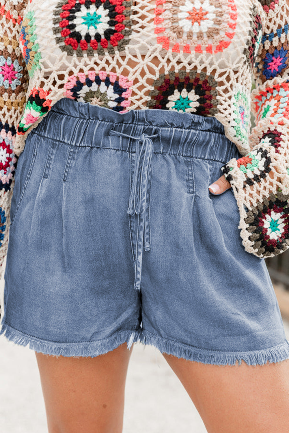 Raw Hem Lace-up High Waist Plus Size Denim Shorts