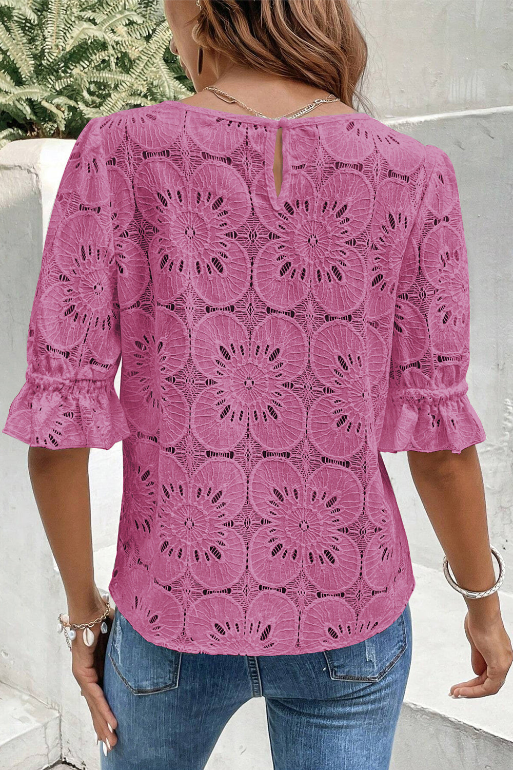 Flower Eyelet Jacquard Keyhole Flounce Sleeve Top