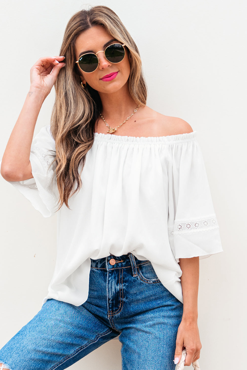 Frilly Off Shoulder Lace Insert Sleeve Textured Blouse