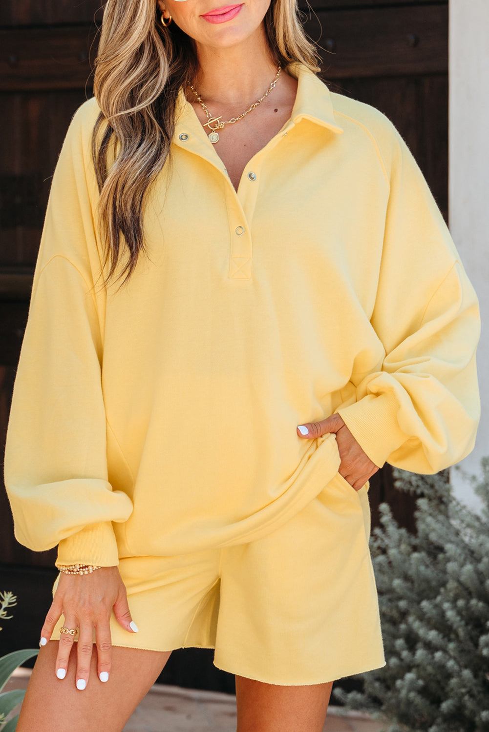 Button Collar Drop Shoulder Pullover and Shorts 2pcs Outfit