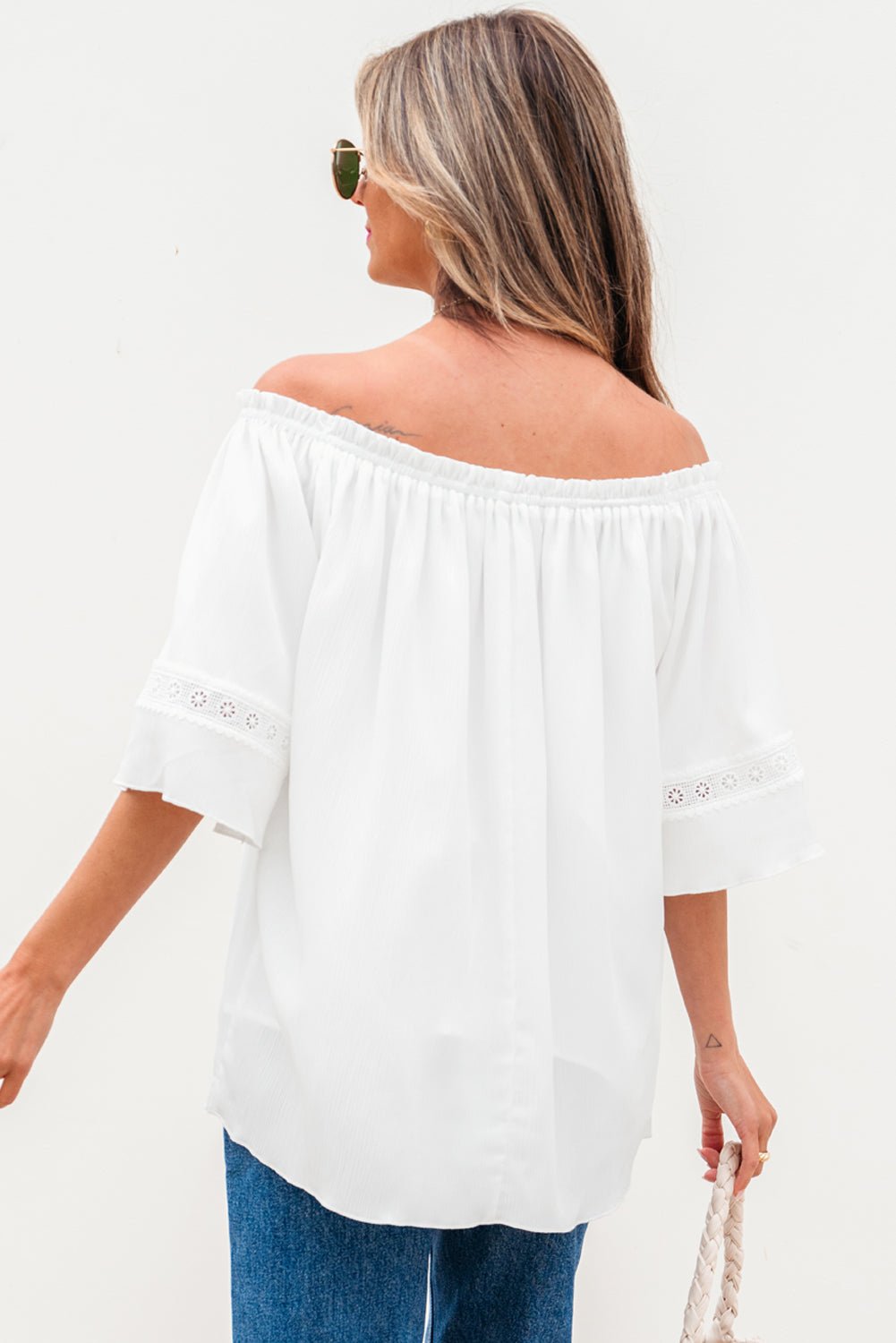 Frilly Off Shoulder Lace Insert Sleeve Textured Blouse