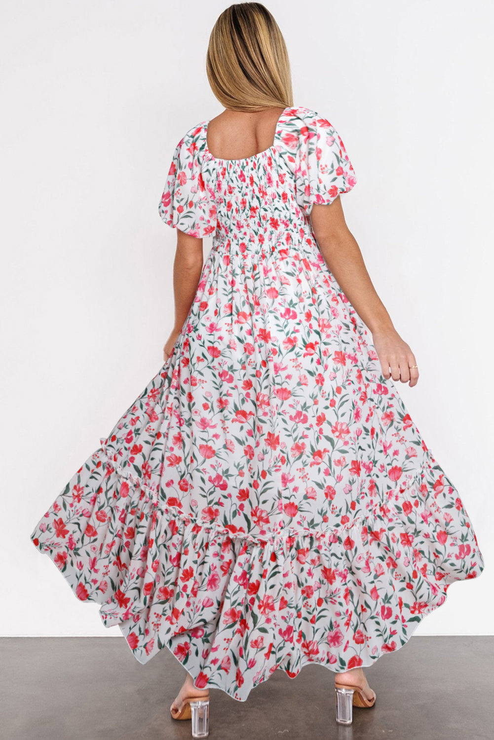 Floral Puff Sleeve Square Neck Empire Waist Tiered Maxi Dress