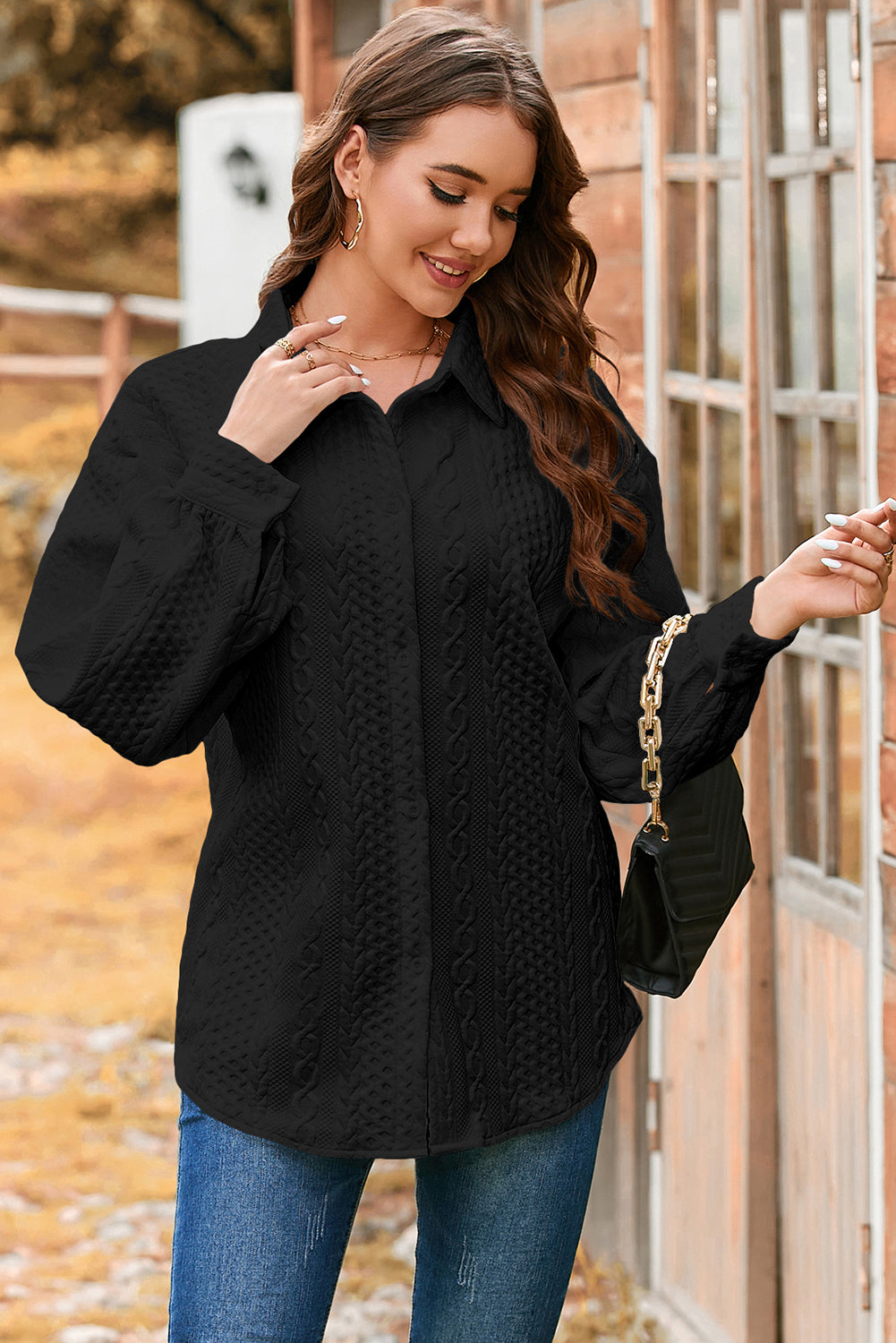 Cable Texture Puff Sleeve Loose Shacket