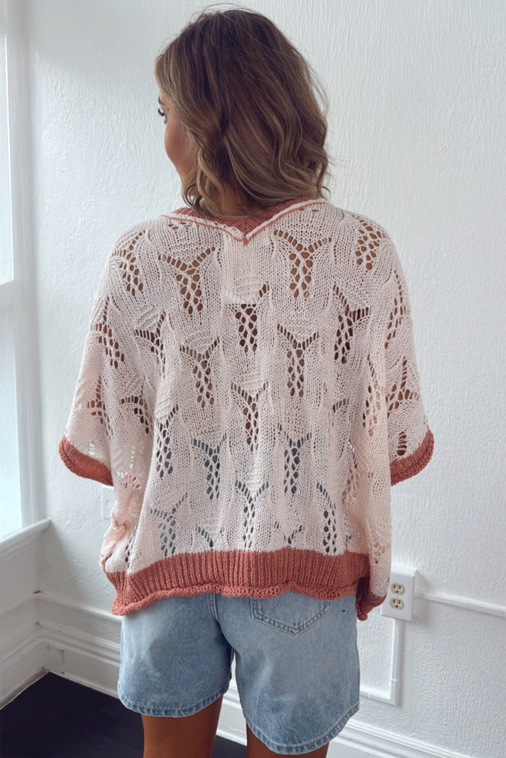 Embroidered Flowers Colorblock Edge Hollowed Sweater