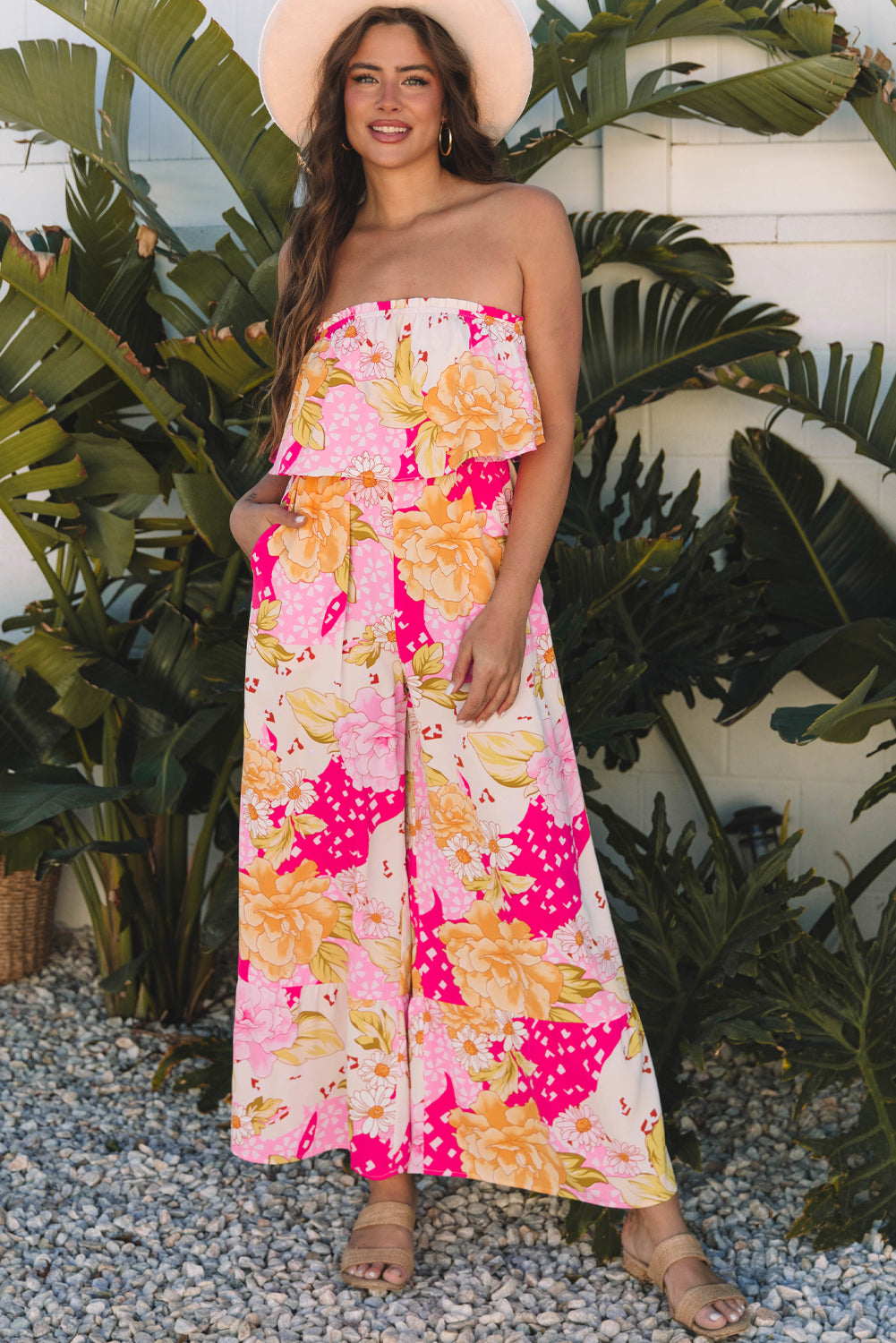 Floral Print Ruffled High Waist Tube Top Loose Jumpsuit
