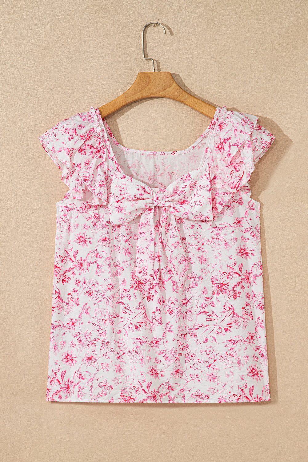 Floral Ruffled Short Sleeve Bow Back Square Neck Blouse