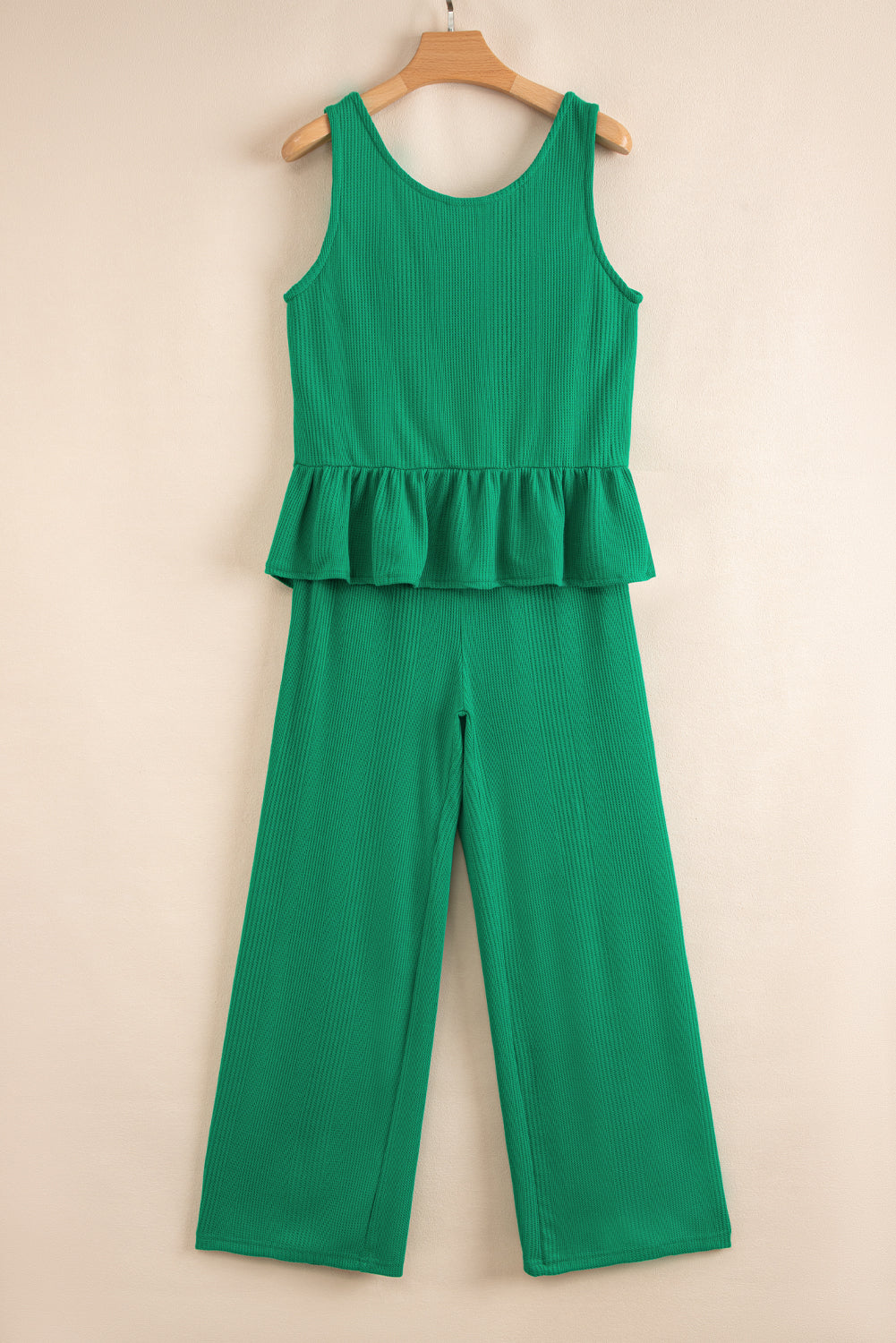Solid Color Ribbed Ruffle Tank Top and Pants Set