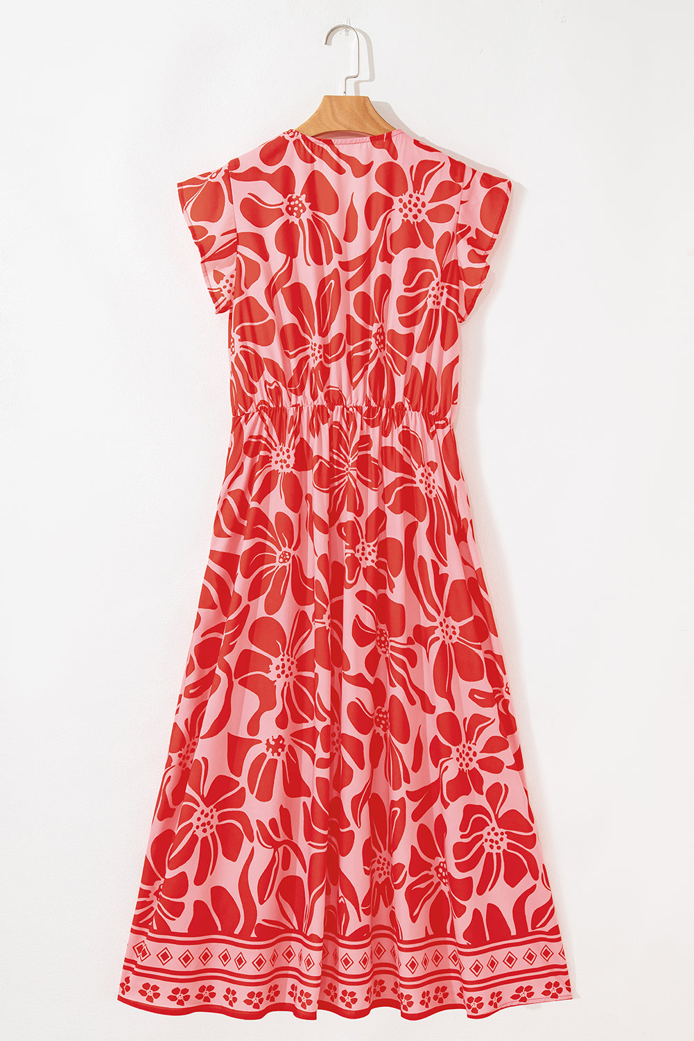 Boho Floral Short Sleeve V Neck Buttoned Shirred Waist Long Dress