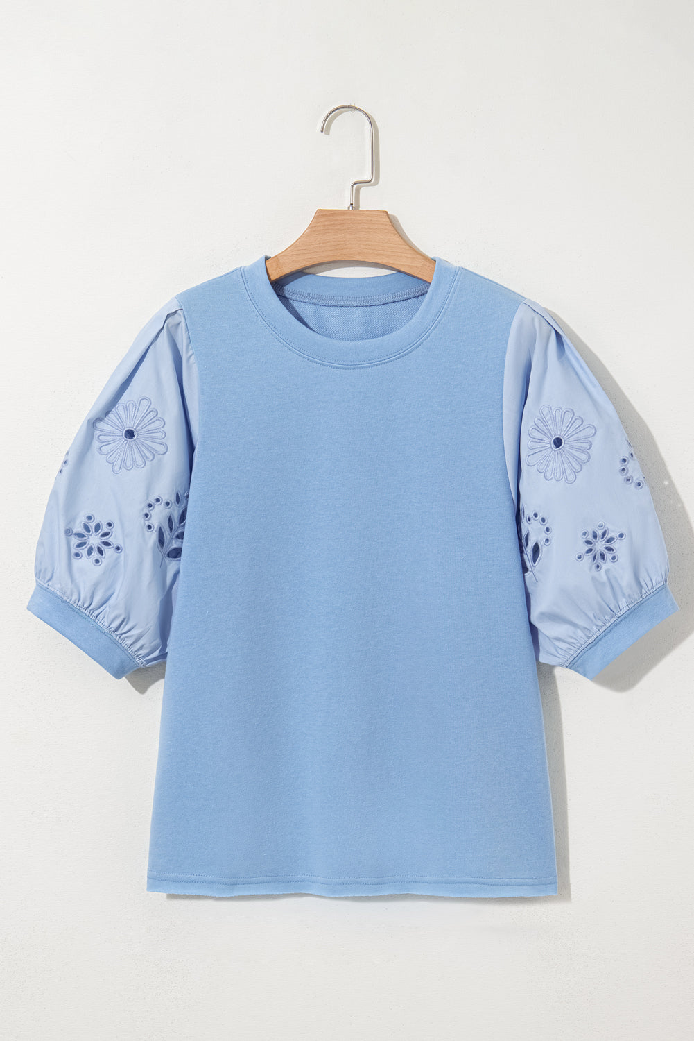 Eyelet Flower Embroidered Puff Short Sleeve Patchwork Crew Neck Blouse