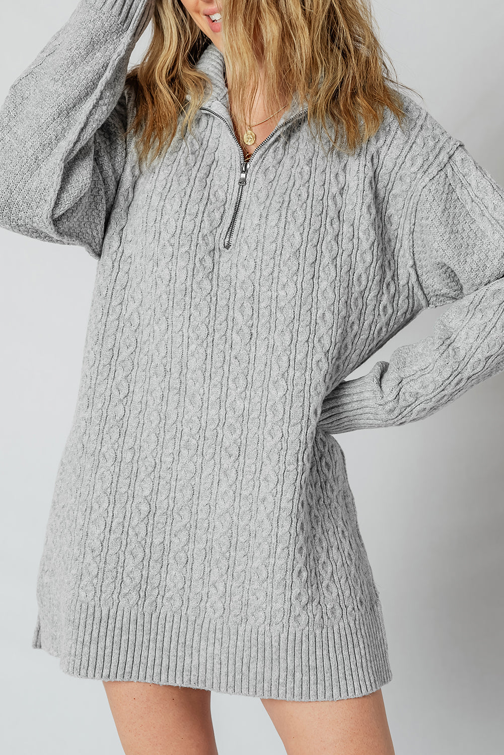 Cable Knit Quarter Zip Ribbed Trim Loose Sweater Dress