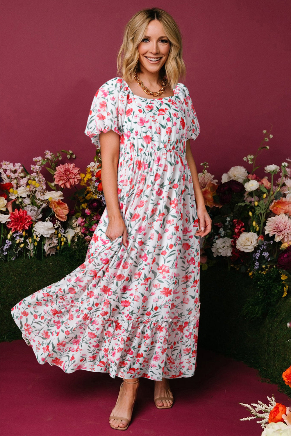 Floral Puff Sleeve Square Neck Empire Waist Tiered Maxi Dress