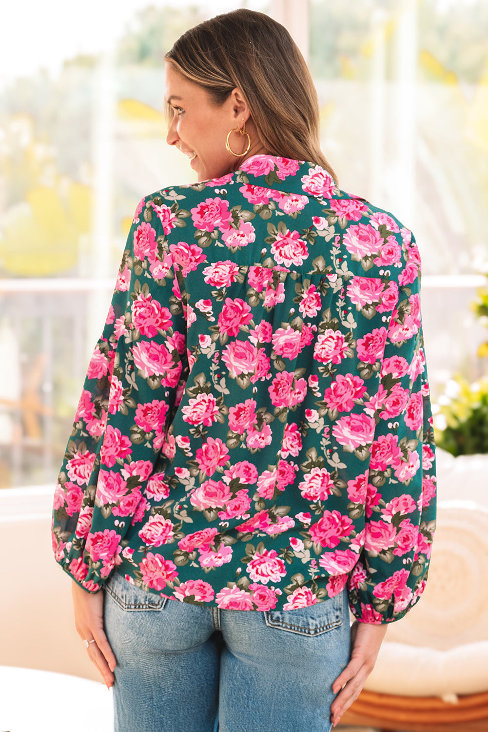Floral Printed Tied Collar Puff Sleeve Blouse