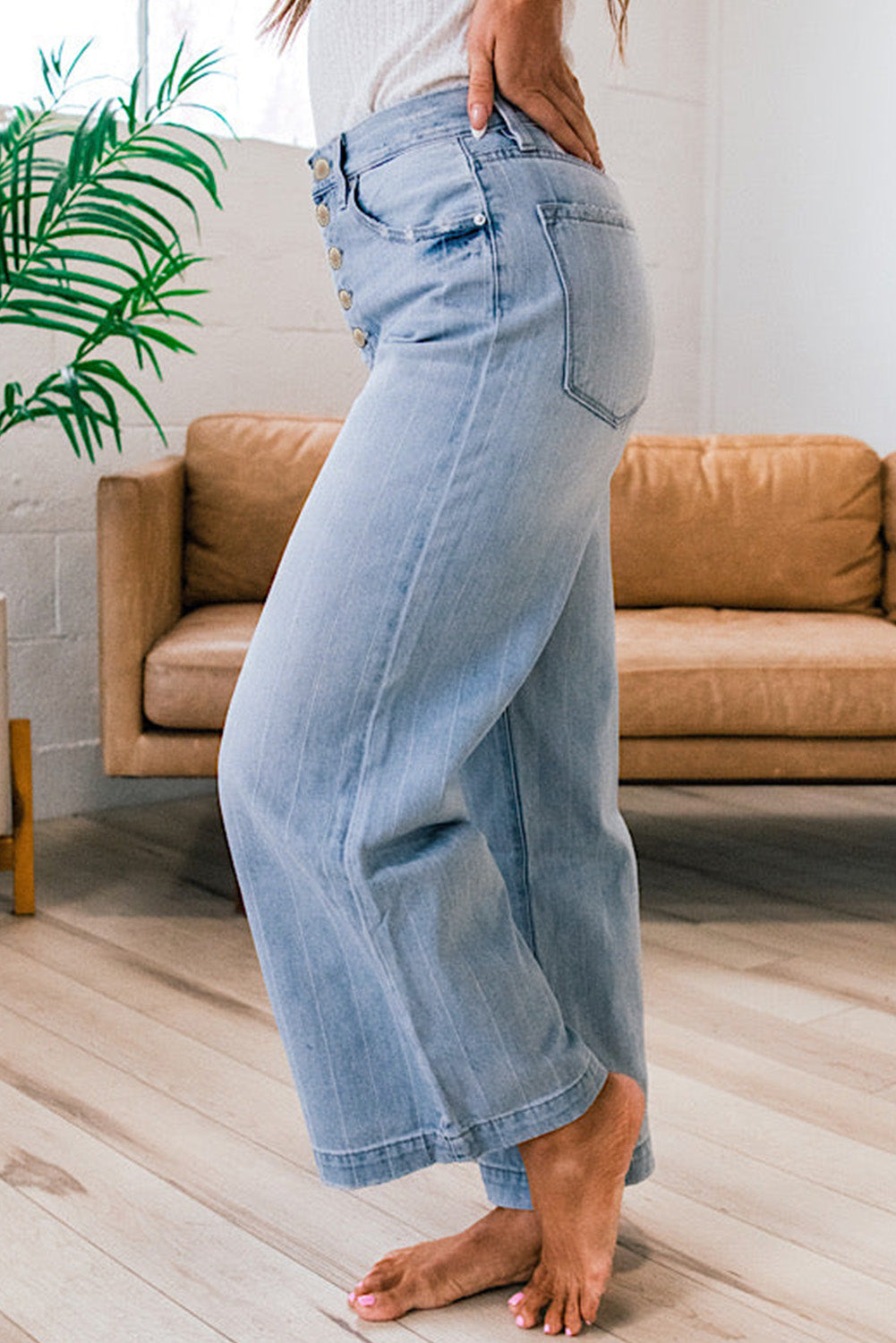 Multi Buttons Pinstripe Wide Leg Jeans