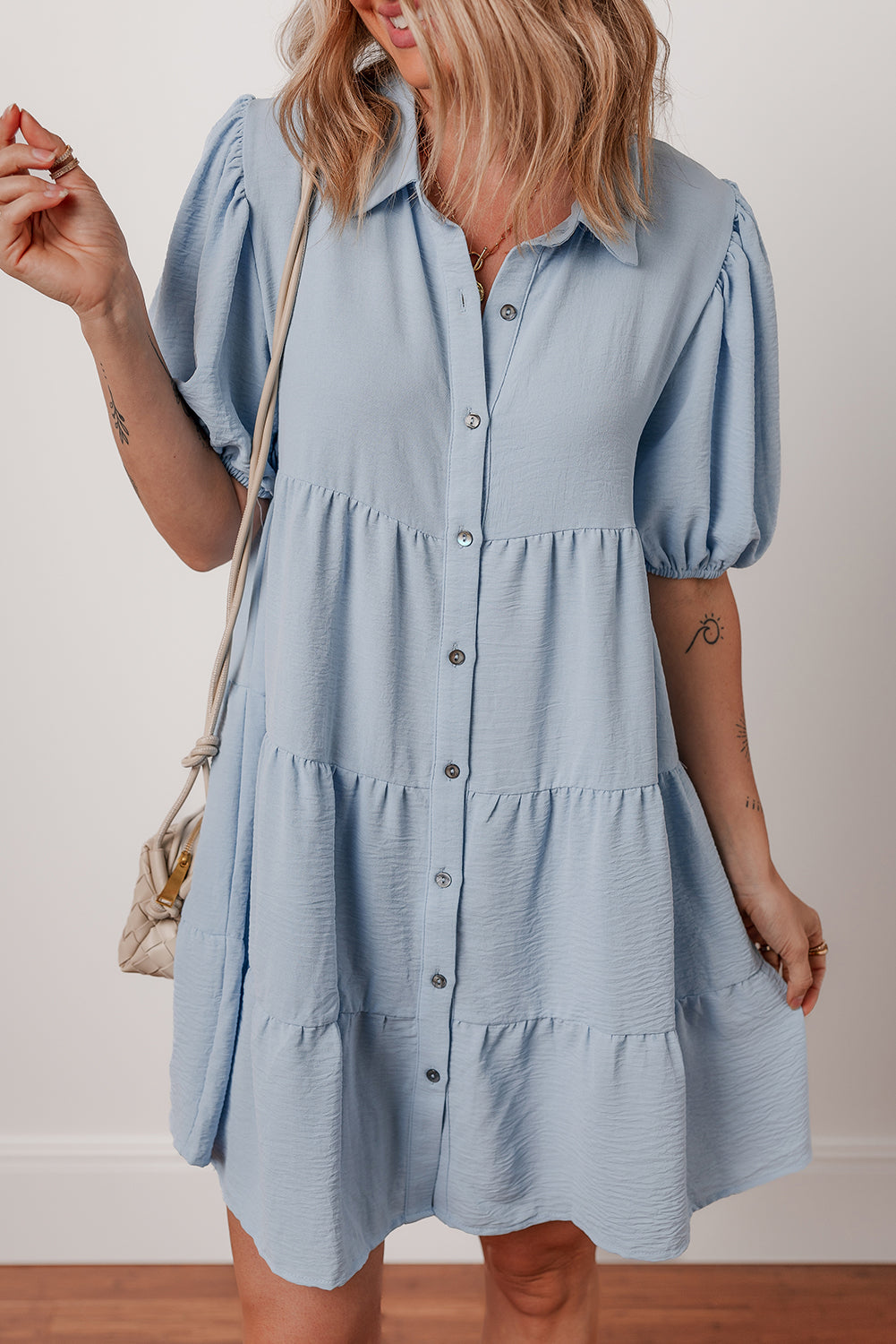 Shirt Collar Button Up Short Puff Sleeve Tiered Shift Dress