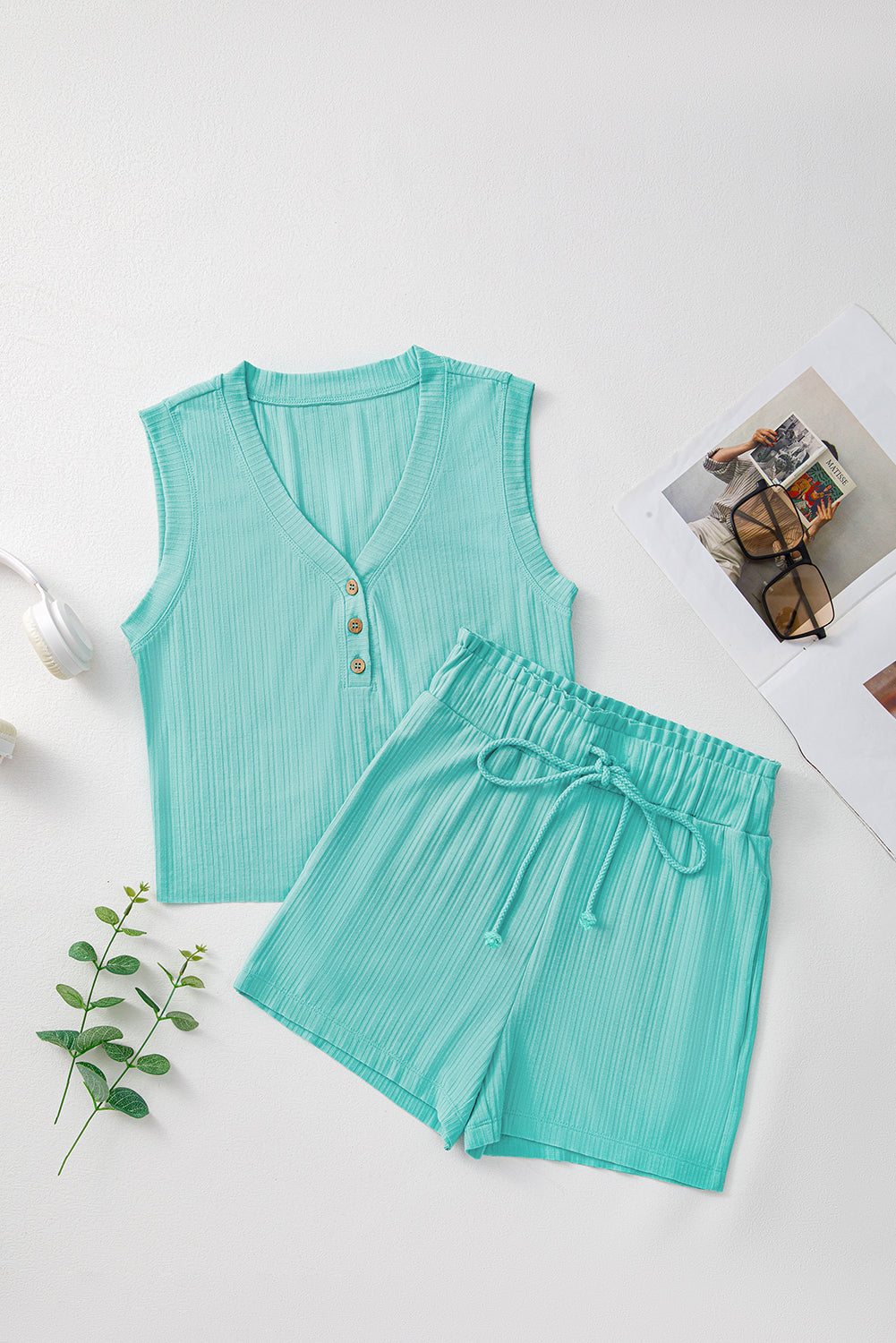 Ribbed Button V Neck Tank Top and Shorts Set