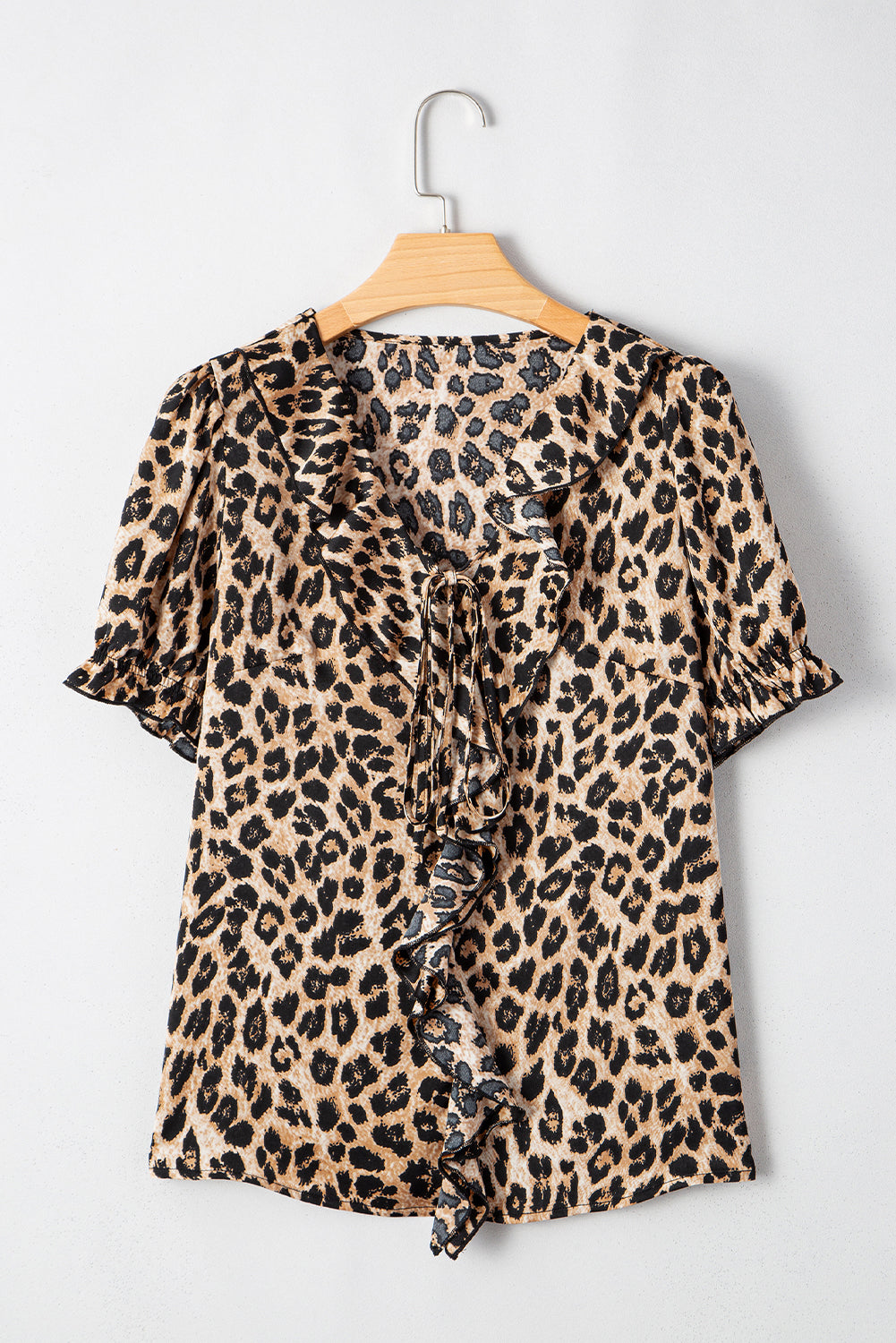 Leopard Ruffled Neck Cascading Puff Short Sleeve Top
