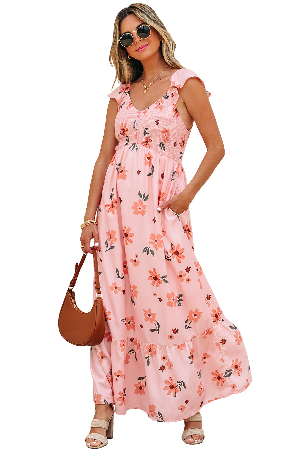 Floral V Neck Smocked High Waist Ruffle Hem Long Dress