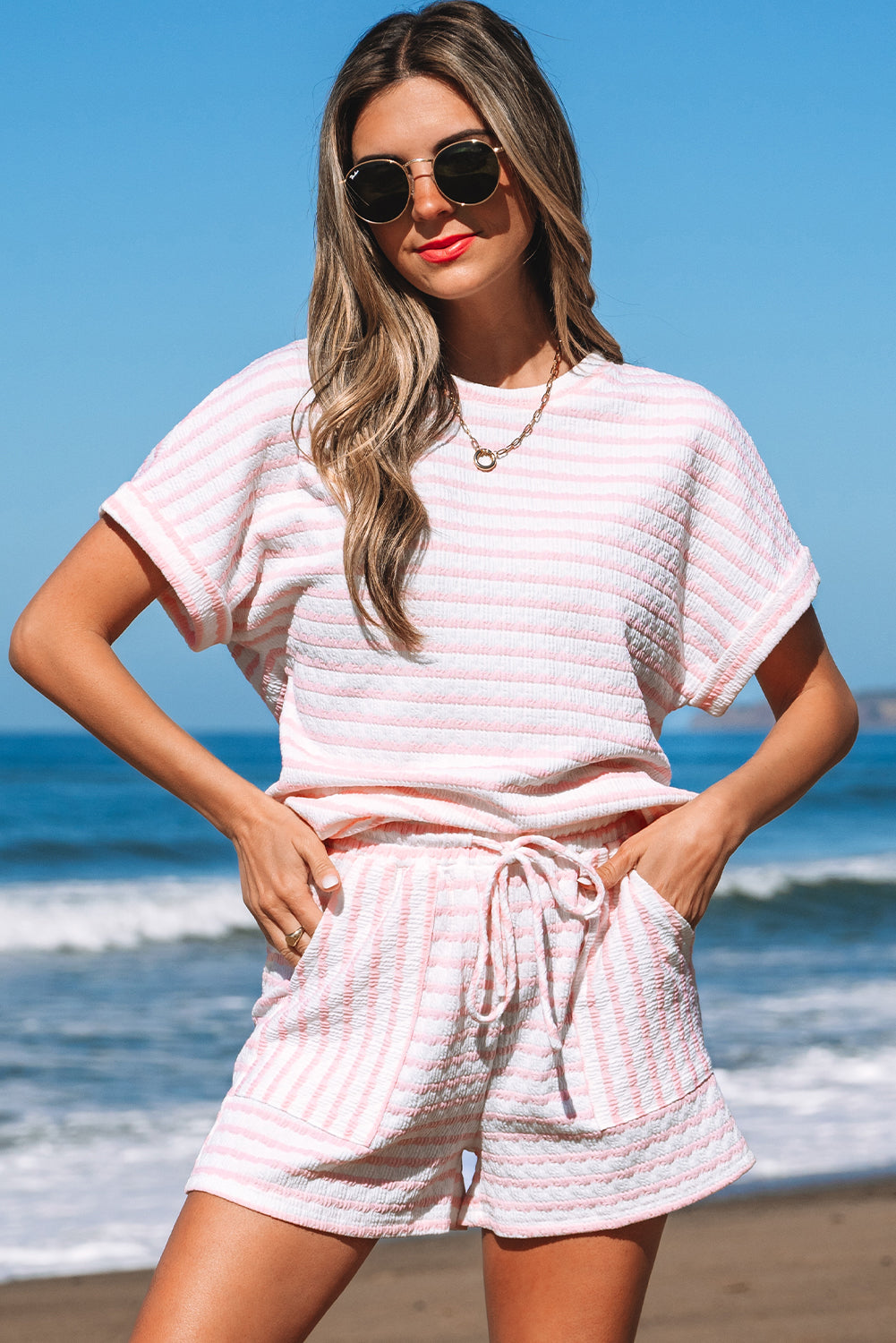 Knitted Short Sleeve Top and Drawstring Shorts Set