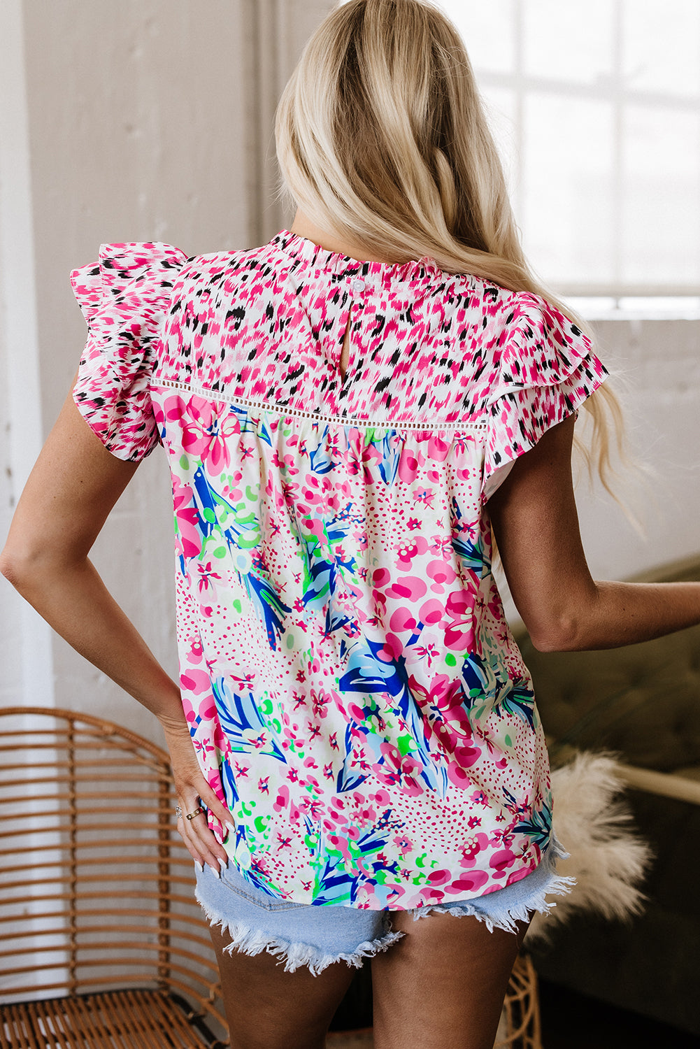 Floral Mixed Print Ruffle Cap Sleeve Blouse