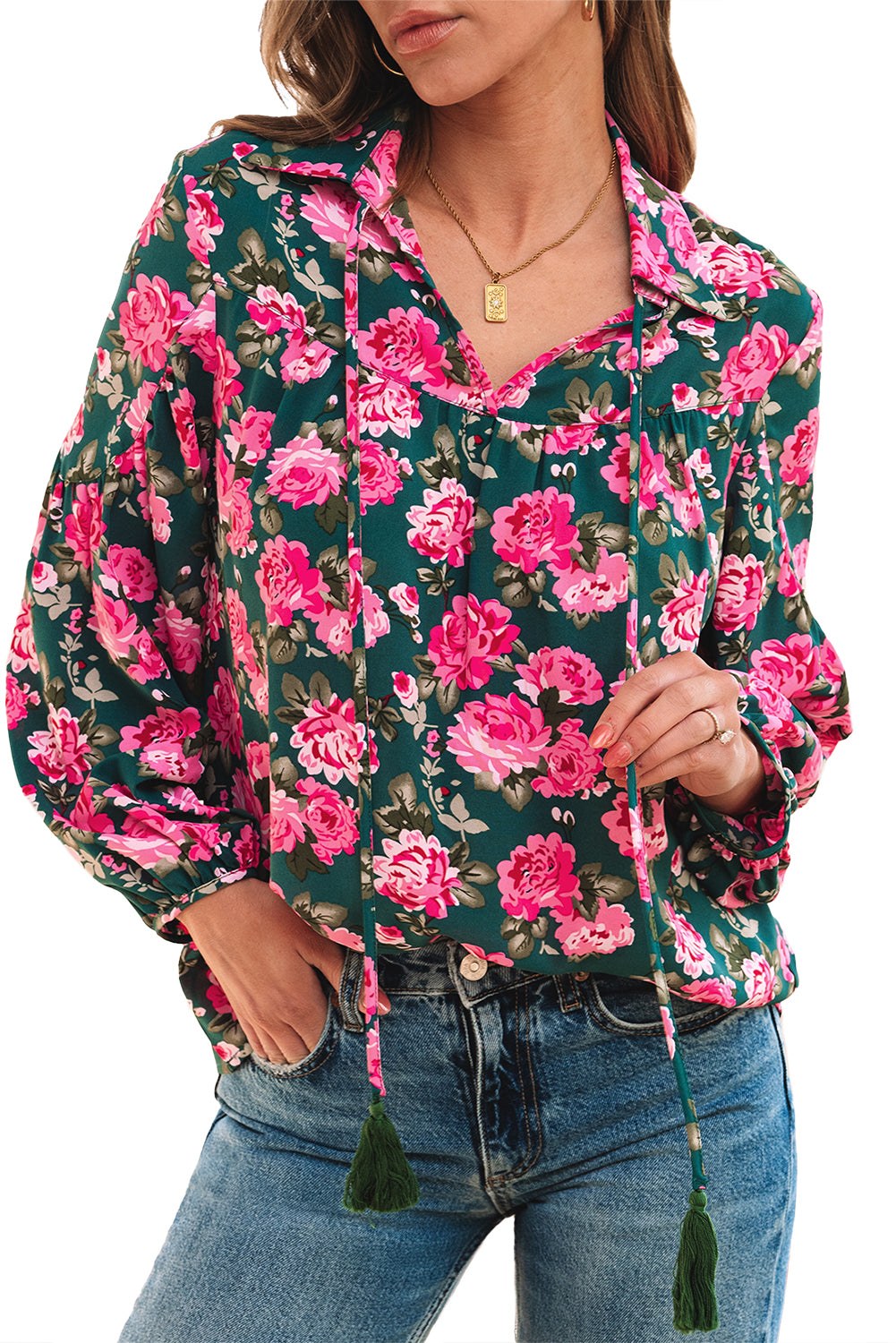 Floral Printed Tied Collar Puff Sleeve Blouse