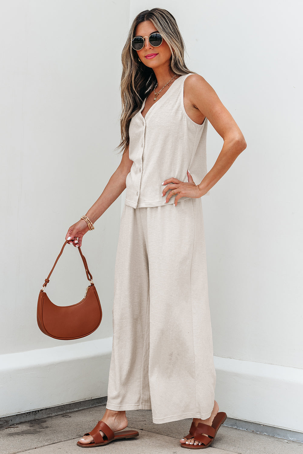 Buttoned V Neck Tank Top and Wide Leg Pants Casual Outfit