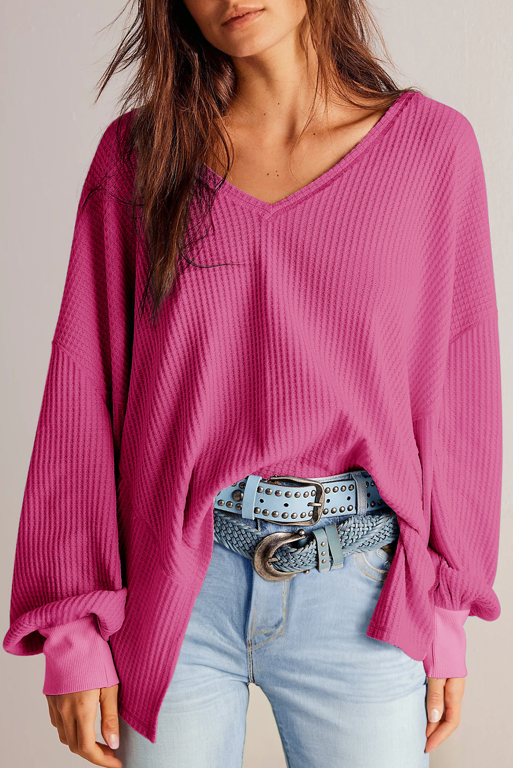 Waffle V Neck Long Sleeve Drop Shoulder Loose Blouse