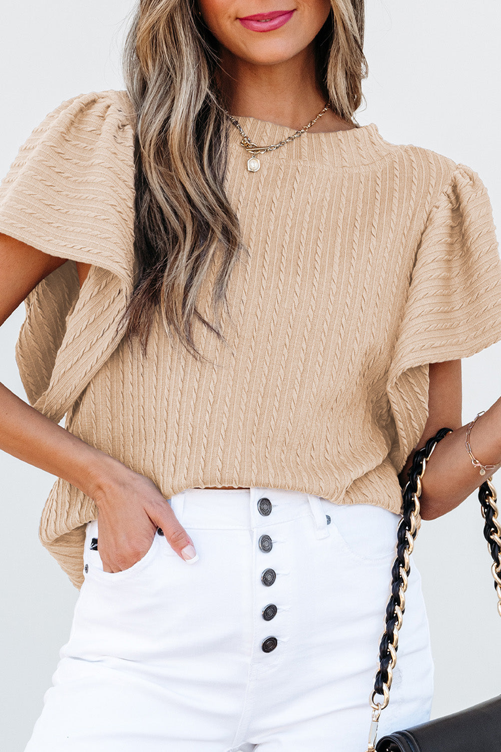 Solid Color Textured Flutter Sleeve Top