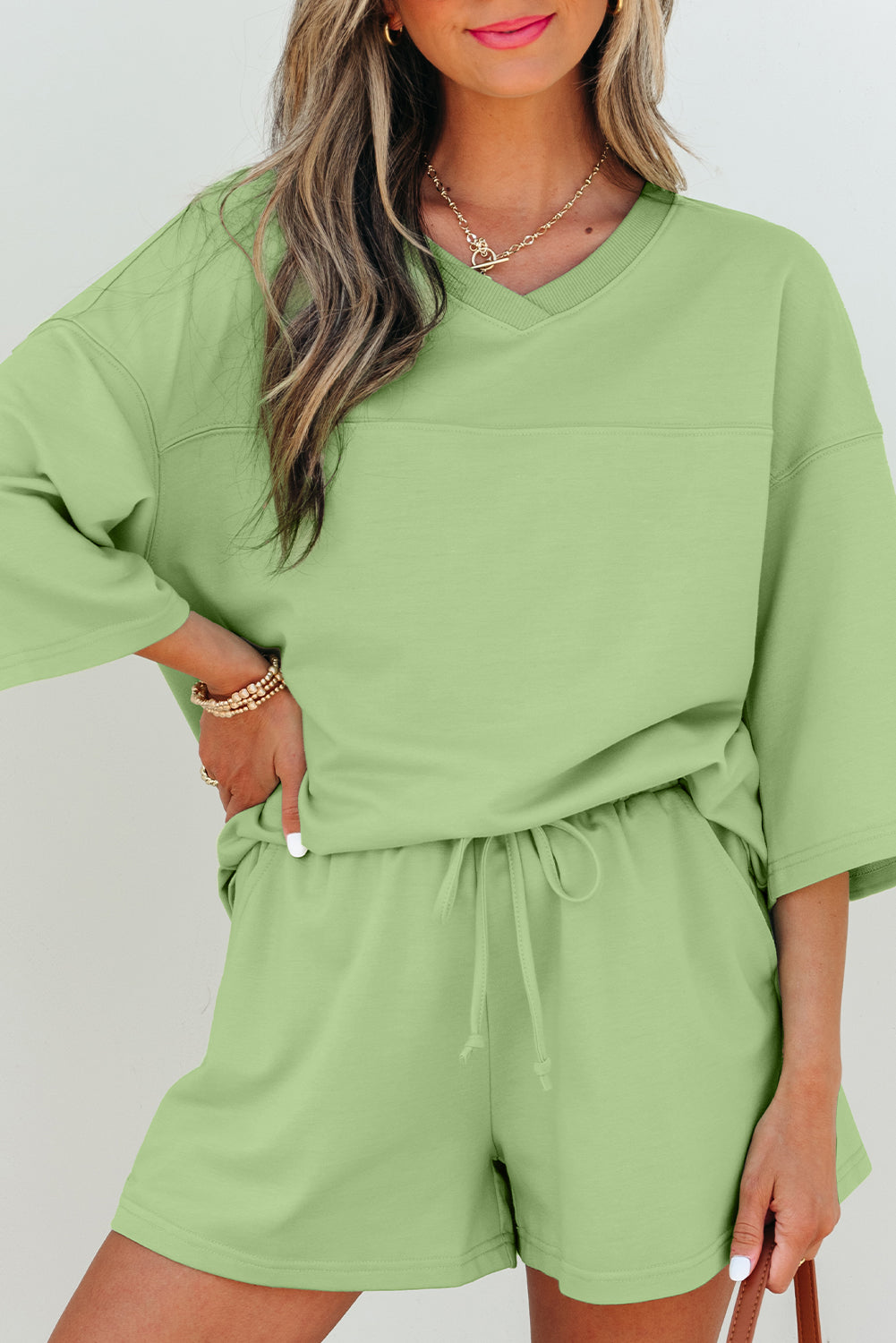 Solid Loose V Neck Half Sleeve Tee and Shorts