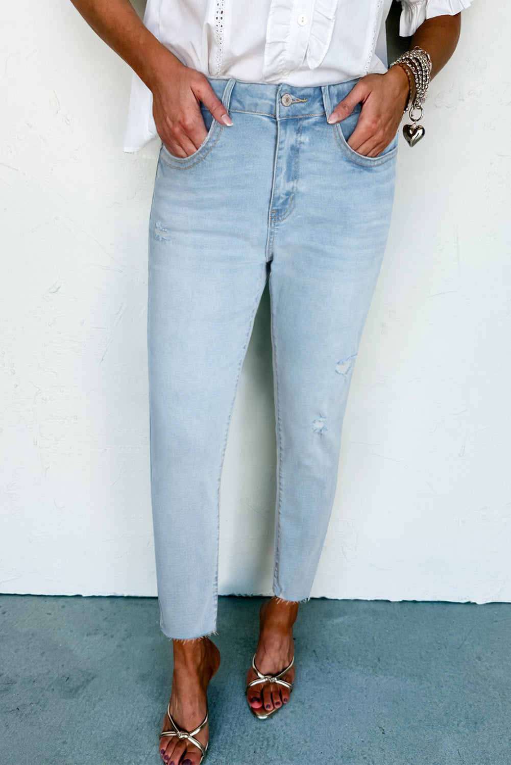Mid Rise Ankle-Length Distressed Skinny Jeans