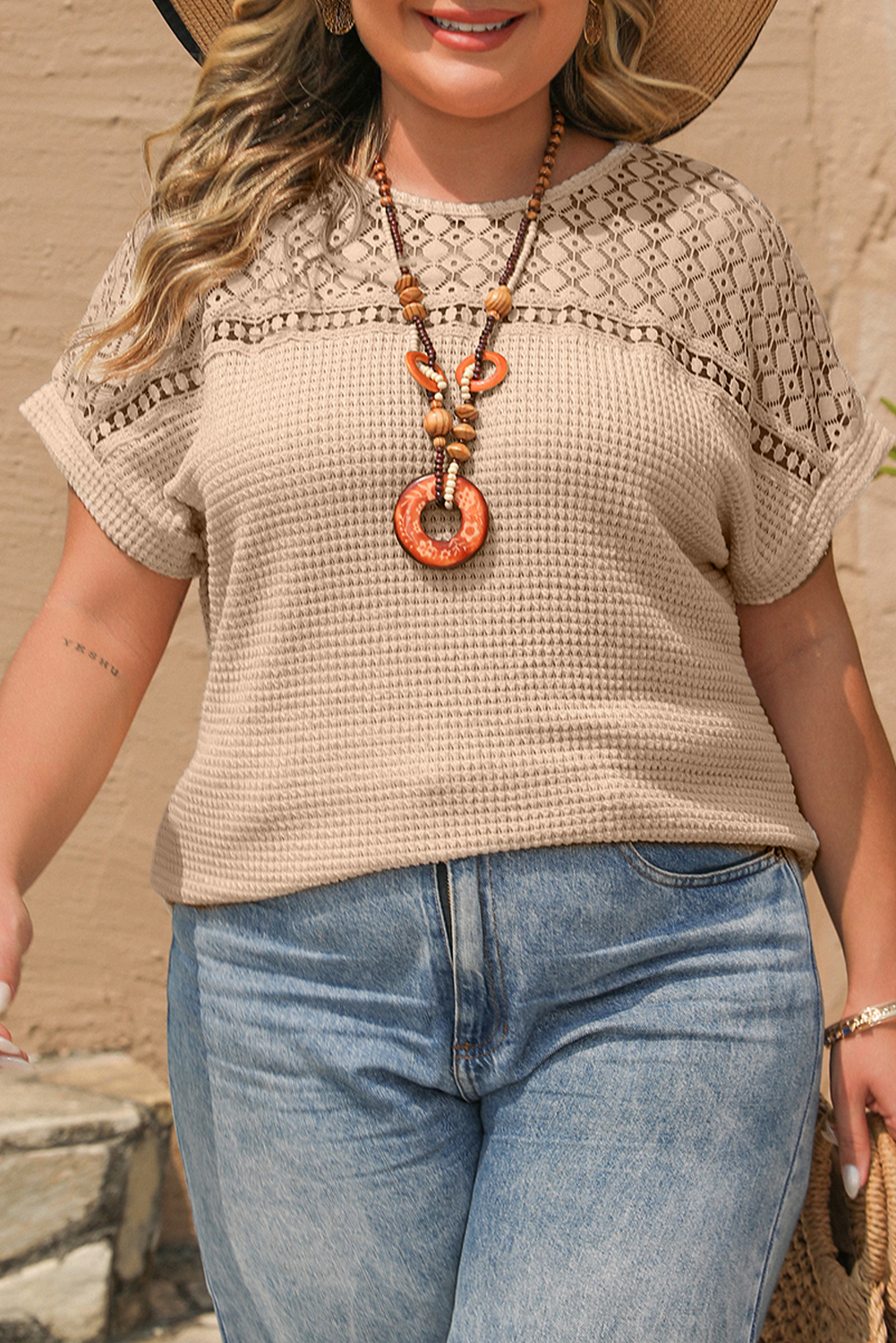 Lace Patchwork Waffle Short Sleeve Plus Size Top