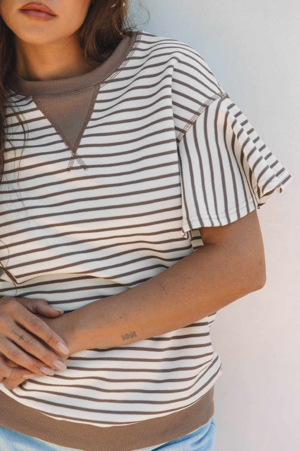 Contrast Detail Striped Ruffle Short Sleeve Top