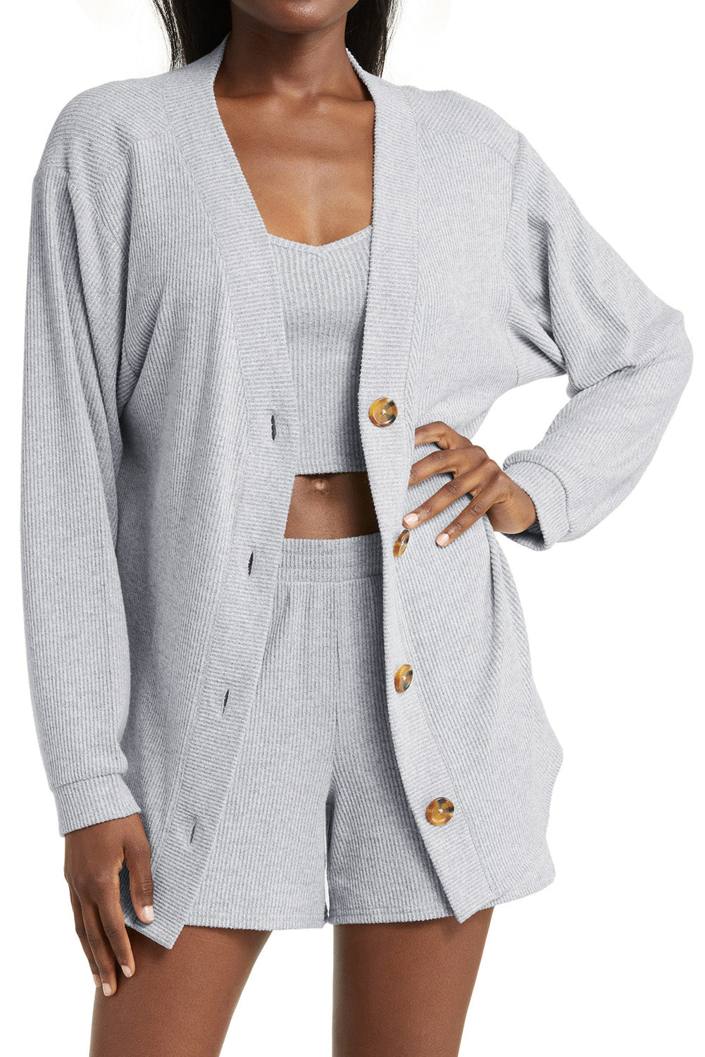 3 Pieces Rib Crop Camisole Matching Shorts Lounge Set with Cardigan