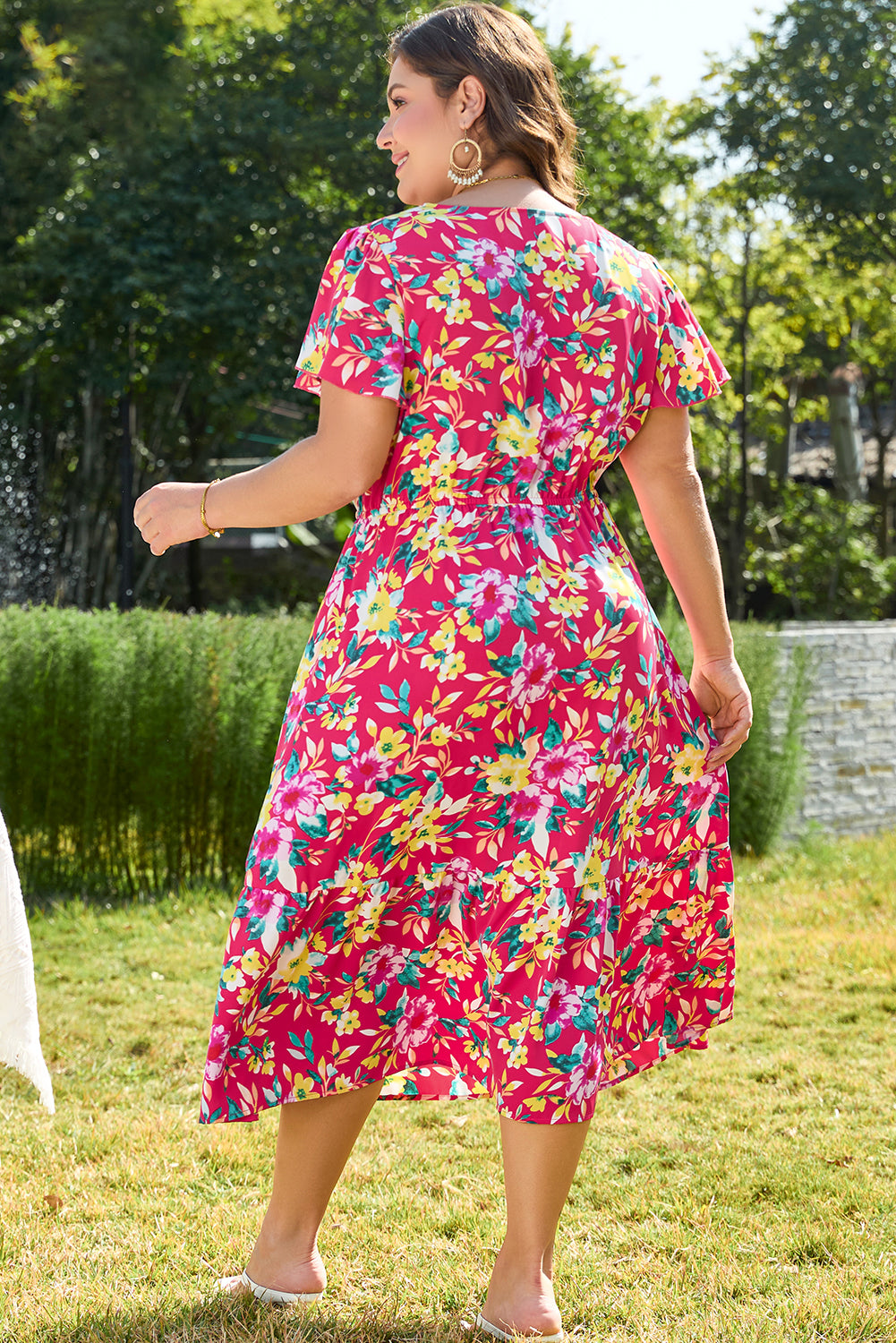 Floral Print V Neck Pocketed High Waist Plus Size Midi Dress