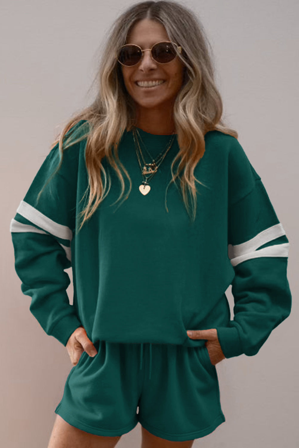 Varsity Striped Sleeve Drop Shoulder Sweatshirt and Short Set