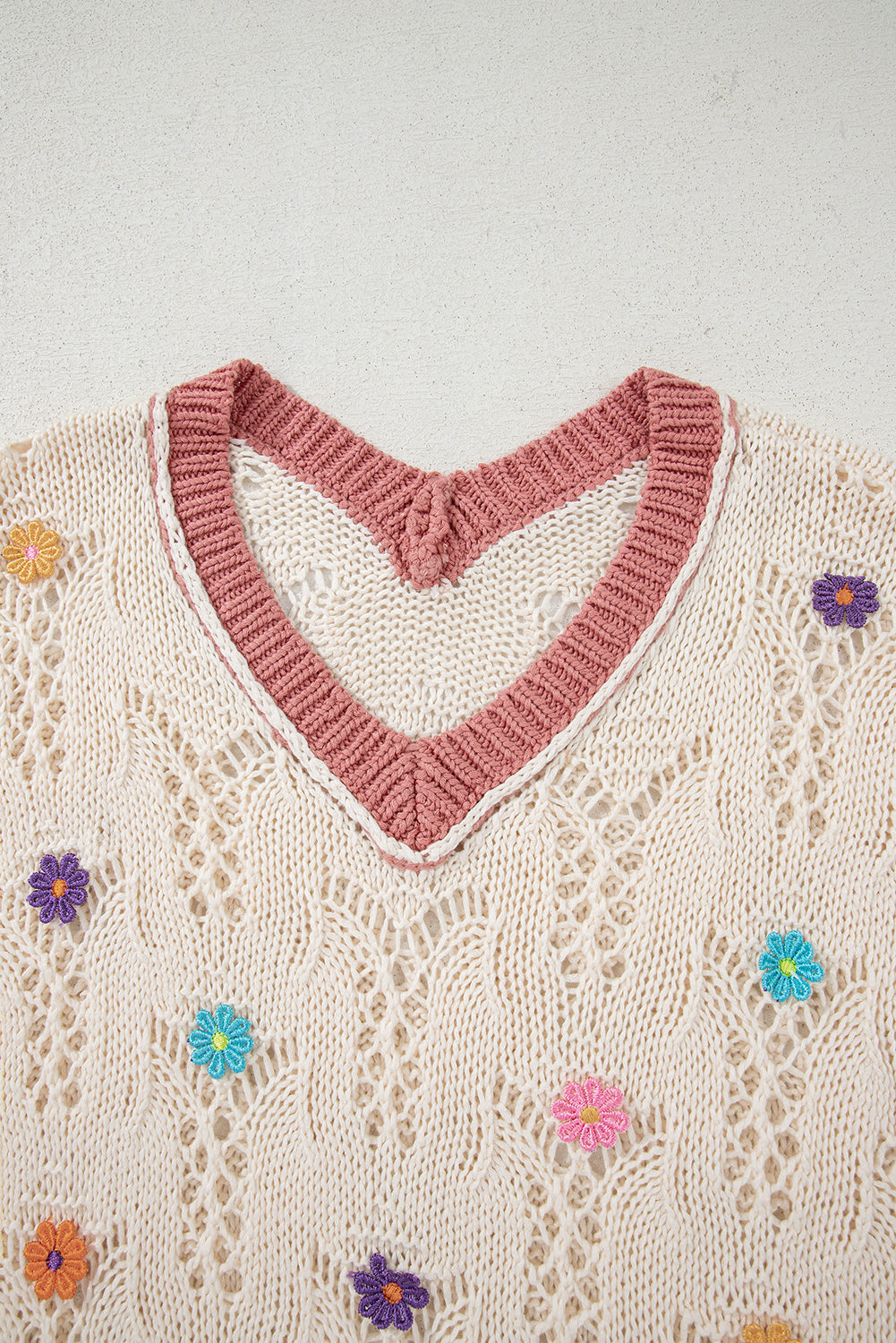 Embroidered Flowers Colorblock Edge Hollowed Sweater